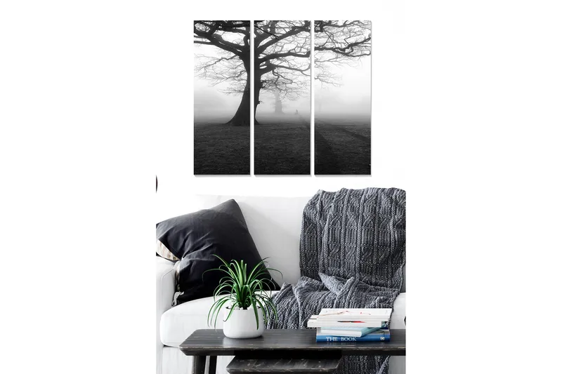 Trelerretsbilde i tre, 3-delt, 50x70 cm - Stort, bart tre i tåkete landskap, Svart / Grå