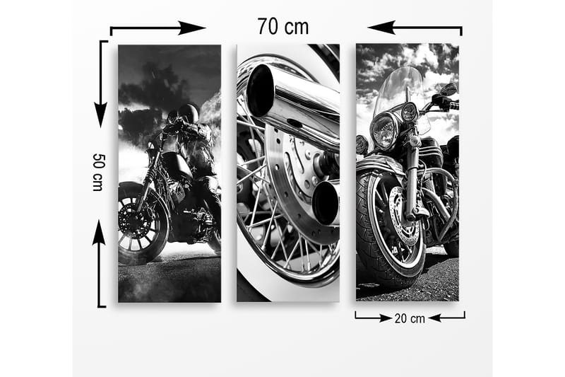 Trelerretsbilde i tre, 3-delt, 50x70 cm - Svart-hvite motorsykler i dynamisk komposisjon - Svart / Hvit / Grå - Innredning - Bilder & kunst - Lerretsbilder