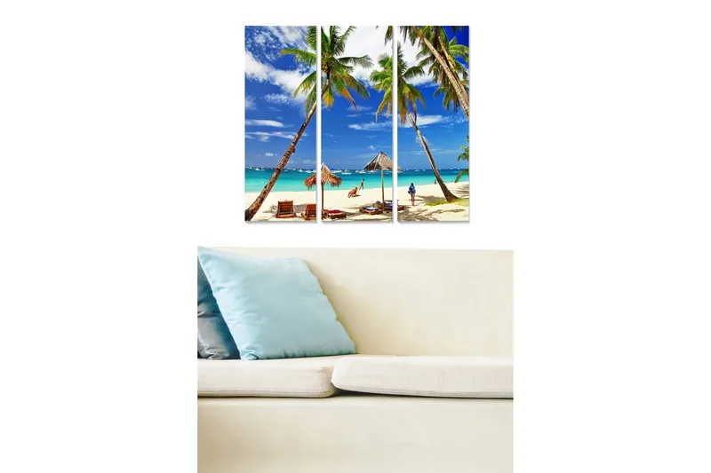 Trelerretsbilde i tre, 3-delt, 50x70 cm - Tropisk strand med palmer og klar blå himmel - Blå / Grønn / Beige - Innredning - Bilder & kunst - Lerretsbilder