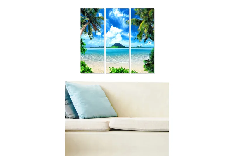 Trelerretsbilde i tre, 3-delt, 50x70 cm - Tropisk strand med palmer og klar blå himmel - Blå / Grønn / Beige - Innredning - Bilder & kunst - Lerretsbilder