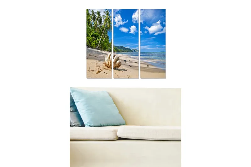 Trelerretsbilde i tre, 3-delt, 50x70 cm - Tropisk strand med palmer og klar blå himmel - Blå / Grønn / Sandbeige - Innredning - Bilder & kunst - Lerretsbilder