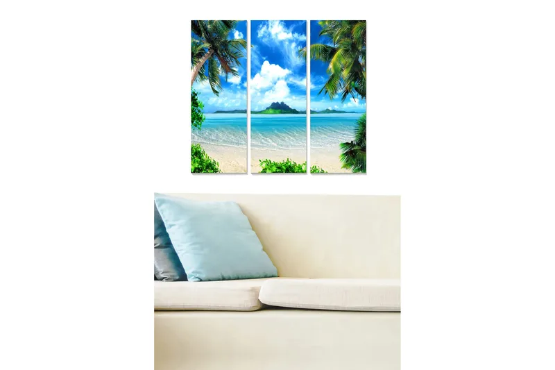 Trelerretsbilde i tre, 3-delt, 50x70 cm - Tropisk strand med palmer og klar blå himmel, Blå / Grønn / Beige