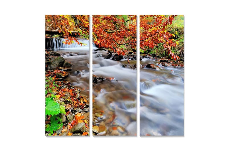 Trelerretsbilde i tre, 3-delt, 50x70 cm - Vakker bekk omgitt av høstfarger og løvverk - Oransje / Grønn / Brun - Innredning - Bilder & kunst - Lerretsbilder