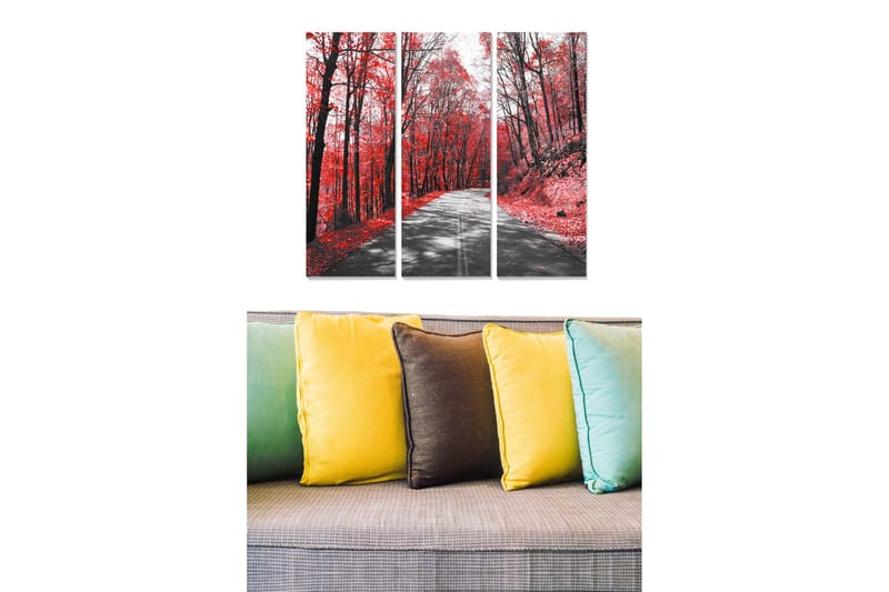 Trelerretsbilde i tre, 3-delt, 50x70 cm - Vakker høstskog med røde blader og en sti som fører gjennom trærne, Rød / Svart / Grå
