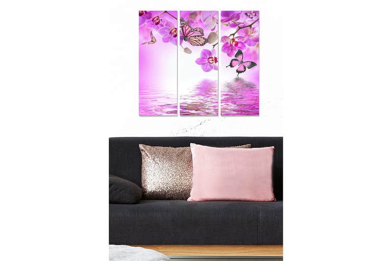 Trelerretsbilde i tre, 3-delt, 50x70 cm - Vakker komposisjon av sommerfugler og orkideer i rosa nyanser, Rosa / Lilla / Hvit