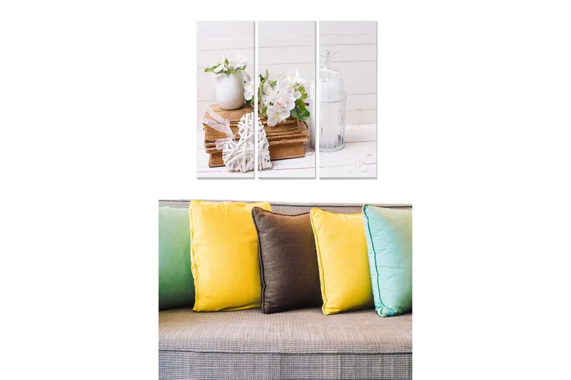 Trelerretsbilde i tre, 3-delt, 50x70 cm - Vakker stillhet med blomster i en vase og bøker i en harmonisk komposisjon, Hvit / Beige / Grønn