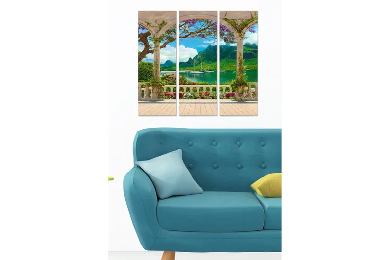 Trelerretsbilde i tre, 3-delt, 50x70 cm - Vakker utsikt fra en pergola med blomster og fjell i bakgrunnen, Grønn / Blå / Hvit