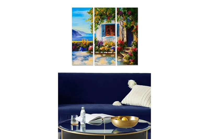 Trelerretsbilde i tre, 3-delt, 50x70 cm - Vakker utsikt over en blomsterhage med en hvit bygning og vinduer i blått, Grønn / Blå / Rosa