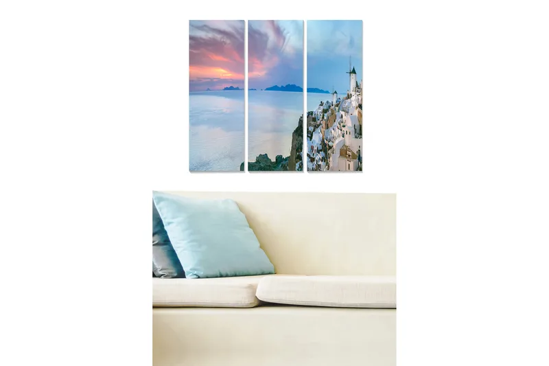 Trelerretsbilde i tre, 3-delt, 50x70 cm - Vakker utsikt over en gresk kystby ved solnedgang, Hvit / Blå / Rosa