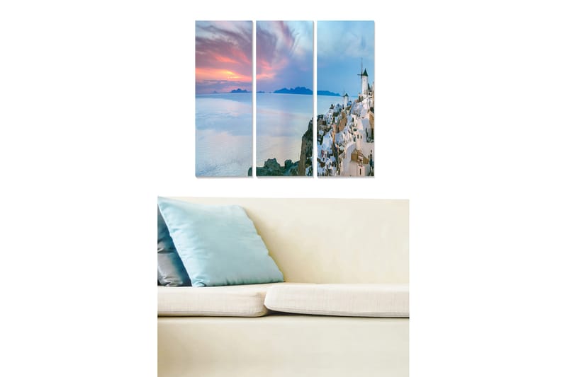 Trelerretsbilde i tre, 3-delt, 50x70 cm - Vakker utsikt over en gresk kystby ved solnedgang, Hvit / Blå / Rosa