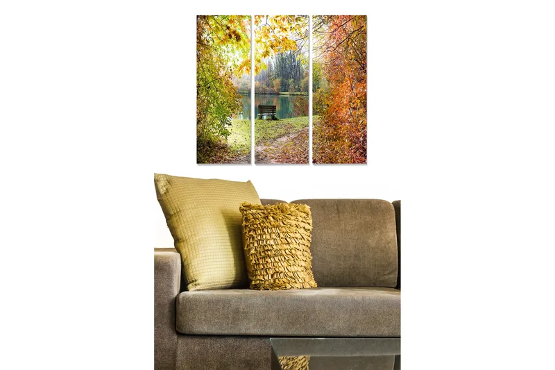Trelerretsbilde i tre, 3-delt, 50x70 cm - Vakkert høstlandskap med en benk ved en speilblank innsjø, Grønn / Oransje / Gul