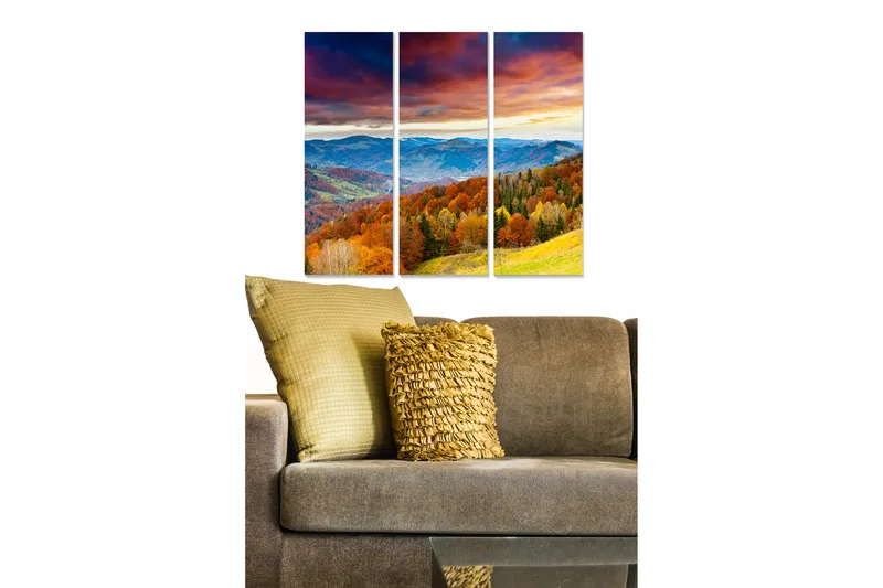 Trelerretsbilde i tre, 3-delt, 50x70 cm - Vakkert høstlandskap med fargerike trær og fjerne fjell, Oransje / Grønn / Blå
