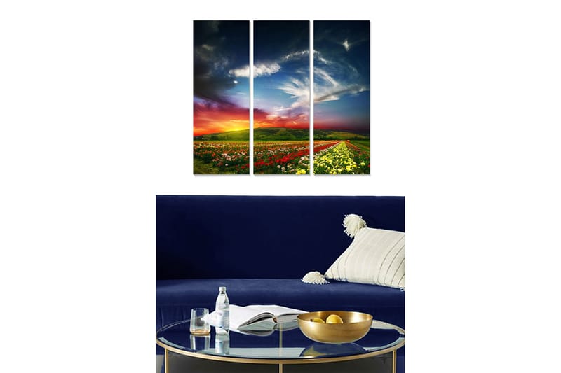 Trelerretsbilde i tre, 3-delt, 50x70 cm - Vakkert landskap med blomsterenger og dramatisk himmel, Grønn / Rød / Gul