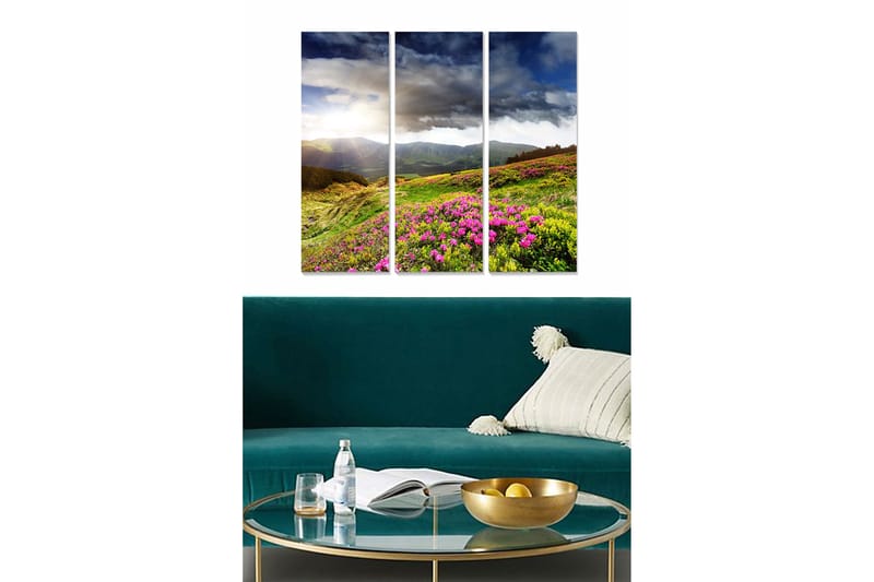 Trelerretsbilde i tre, 3-delt, 50x70 cm - Vakkert landskap med blomstrende enger og fjerne fjell, Grønn / Rosa / Blå