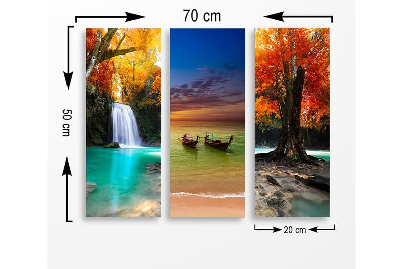 Trelerretsbilde i tre, 3-delt, 50x70 cm - Vakkert landskap med fallende vann og fargerike høsttrær - Turkis / Oransje / Rød - Innredning - Bilder & kunst - Lerretsbilder