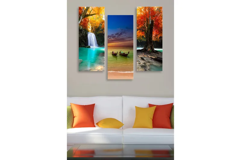 Trelerretsbilde i tre, 3-delt, 50x70 cm - Vakkert landskap med fallende vann og fargerike høsttrær, Turkis / Oransje / Rød