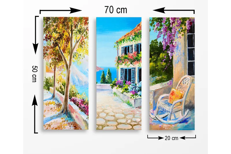 Trelerretsbilde i tre, 3-delt, 50x70 cm - Vakkert landskap med fargerike blomster og en solrik gate - Grønn / Blå / Oransje - Innredning - Bilder & kunst - Lerretsbilder