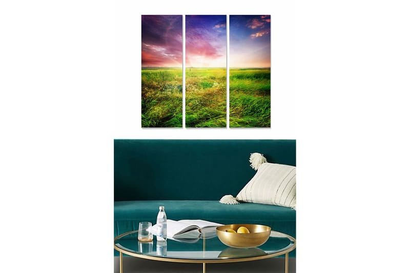 Trelerretsbilde i tre, 3-delt, 50x70 cm - Vakkert landskap med frodige enger og dramatisk himmel, Grønn / Blå / Lilla