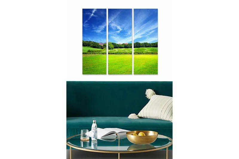 Trelerretsbilde i tre, 3-delt, 50x70 cm - Vakkert landskap med grønne åkre og blå himmel, Grønn / Blå