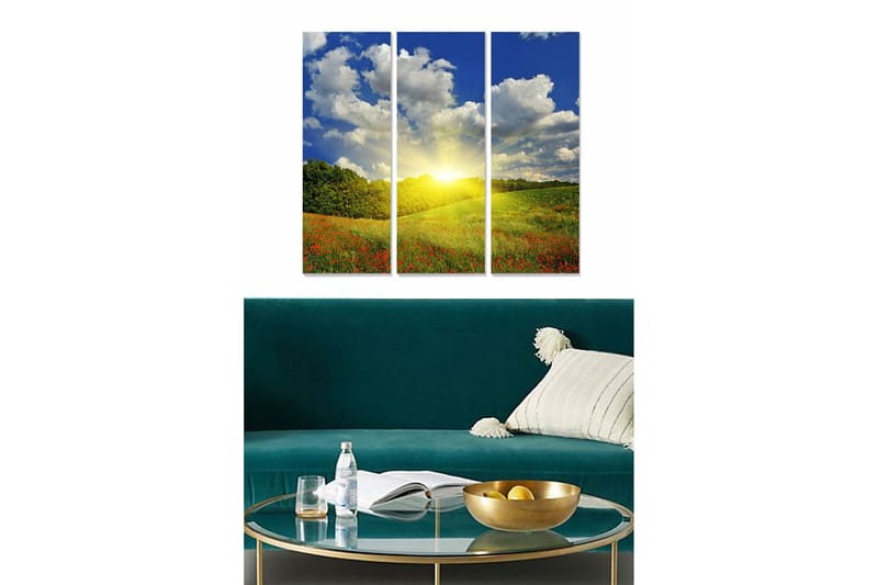 Trelerretsbilde i tre, 3-delt, 50x70 cm - Vakkert landskap med soloppgang over en blomstrende eng, Blå / Grønn / Gul