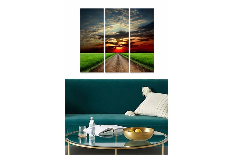 Trelerretsbilde i tre, 3-delt, 50x70 cm - Vakkert landskapsbilde med en vei som fører mot en solnedgang over åkre, Grønn / Rød / Blå