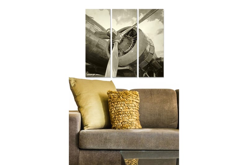 Trelerretsbilde i tre, 3-delt, 50x70 cm - Vintage flymotor i detaljert komposisjon, Grå / Svart / Hvit