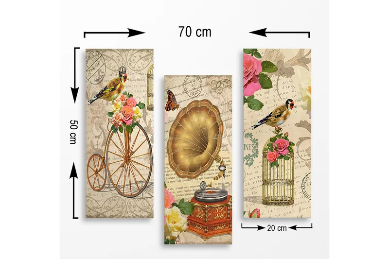 Trelerretsbilde i tre, 3-delt, 50x70 cm - Vintage-komposisjon med fugler, blomster og grammofon - Gull / Rosa / Grønn - Innredning - Bilder & kunst - Lerretsbilder
