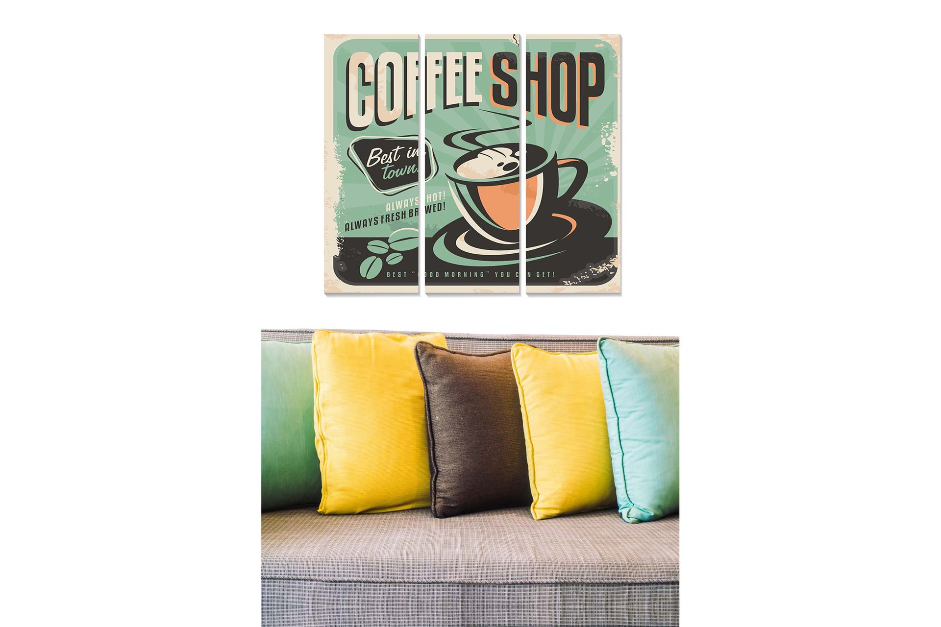 Trelerretsbilde i tre, 3-delt, 50x70 cm - Vintage plakat med kaffekopp og teksten COFFEE SHOP - Mintgrønn / Svart / Oransje