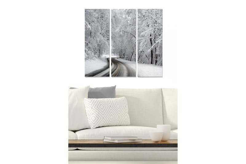 Trelerretsbilde i tre, 3-delt, 50x70 cm - Vinterlandskap med snødekte trær og en svingete vei, Hvit / Grå
