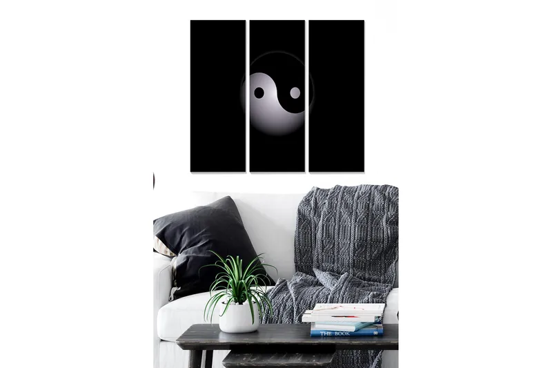 Trelerretsbilde i tre, 3-delt, 50x70 cm - Yin og Yang-symbolet i minimalistisk stil, Svart / Hvit / Grå