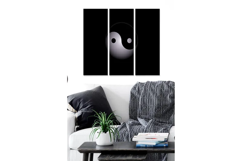 Trelerretsbilde i tre, 3-delt, 50x70 cm - Yin og Yang-symbolet i minimalistisk stil, Svart / Hvit / Grå