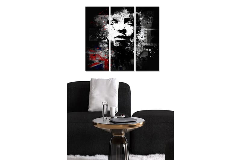 Trelerretsbilde i tre, 3-delt, 50x70 cm - Portrett av en ansiktsprofil med grafiske elementer og en urban følelse, Svart / Hvit / Rød