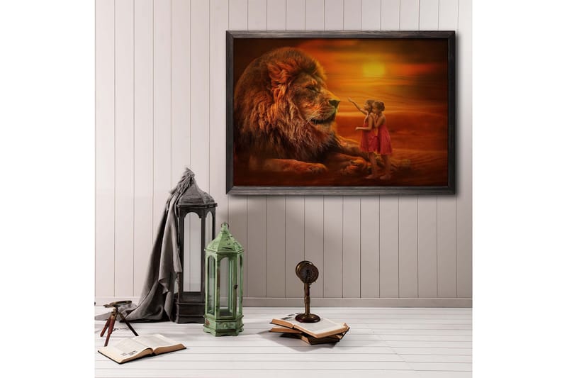 Girls Looking At Lion Foto Oransje - 70x50 cm - Posters - Dyreplakater