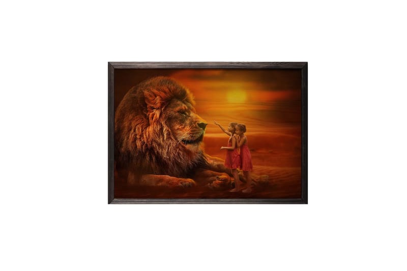 Girls Looking At Lion Foto Oransje - 70x50 cm - Innredning - Bilder & kunst - Posters