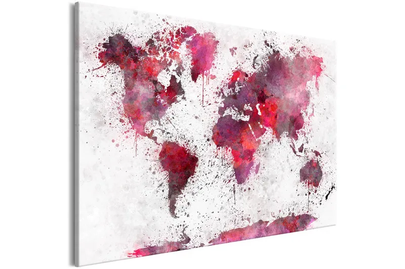 Tavle World Map: Red Watercolors (1 Part) Wide 120X80 - Artgeist sp. z o. o. - Innredning - Bilder & kunst - Lerretsbilder