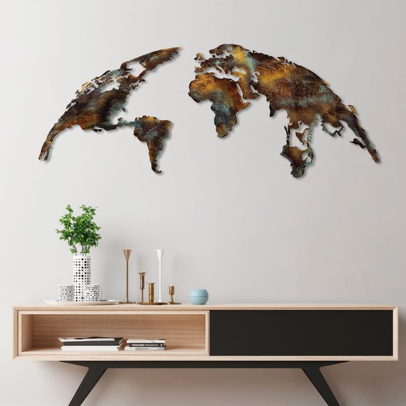 Dekorativt metallveggtilbehør Wallxpert Verdenskart (150 x 59 cm) Mørkebrun - Innredning - Bilder & kunst