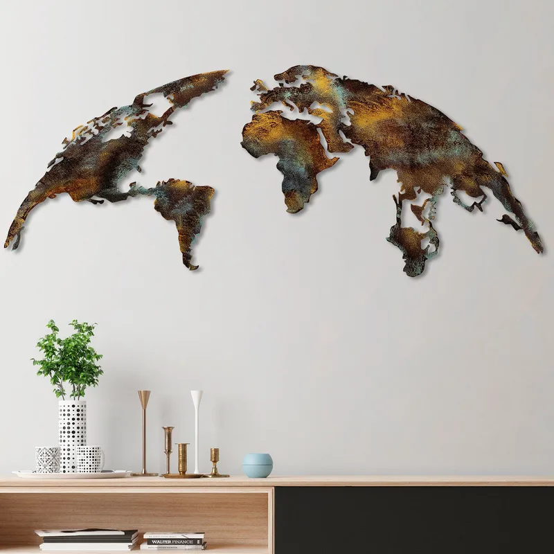 Dekorativt metallveggtilbehør Wallxpert Verdenskart (150 x 59 cm) Mørkebrun - Innredning - Bilder & kunst