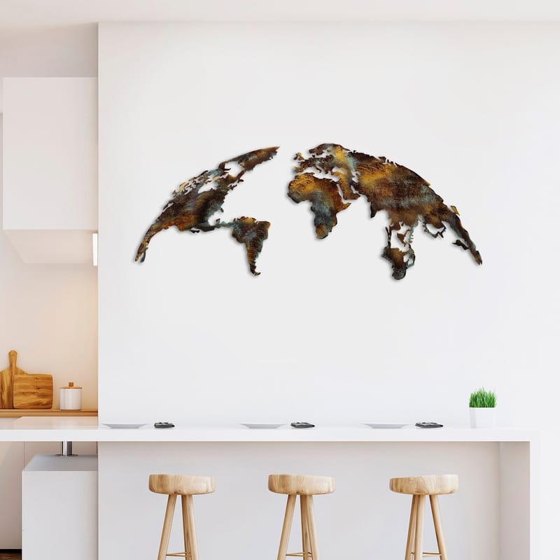 Dekorativt metallveggtilbehør Wallxpert Verdenskart (150 x 59 cm) Mørkebrun - Innredning - Bilder & kunst