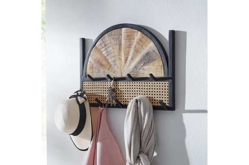 Garderobe Wohnling Vegghengt knaggrekke laget av massivt mangotre, to-rads metallkrokrekke, pulverlakkert - Oppbevaring - Klesoppbevaring - Stumtjener