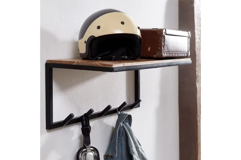 Vegghylle Wohnling Vegghengt knaggrekke i metall med massivt tre 70 cm industriell - Oppbevaring - Klesoppbevaring - Stumtjener