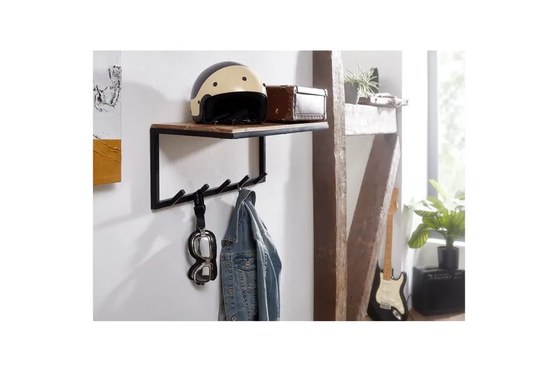 Vegghylle Wohnling Vegghengt knaggrekke i metall med massivt tre 70 cm industriell - Oppbevaring - Klesoppbevaring - Stumtjener