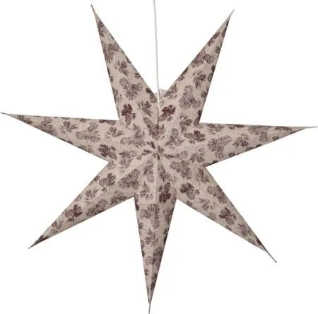 Cotton papirstjerne 60 cm, beige med rødt kongle- og granbarnålsmønster