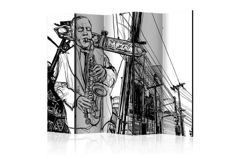Room Divider - Saxophone recital on Broadway II 225x172, Artgeist sp. z o. o.