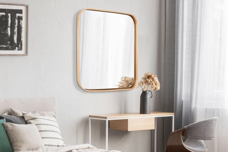 Dekorativt speil Wallxpert Specific (95 x 95 x 4 cm) Eik - Hvit ramme med eikedetaljer - Innredning - Speil - Veggspeil