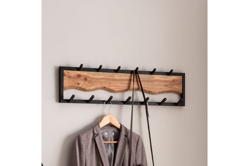 Garderobe Wohnling Vegghengt knaggrekke med 13 metallkroker, naturlig trestruktur, svart metallramme - Innredning - Veggdekorasjon - Dekorfolie - Flisdekor