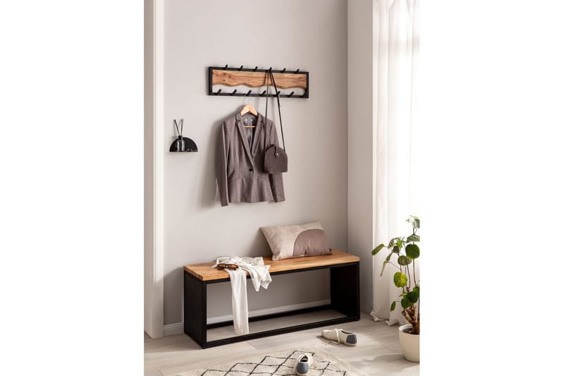 Garderobe Wohnling Vegghengt knaggrekke med 13 metallkroker, naturlig trestruktur, svart metallramme - Innredning - Veggdekorasjon - Dekorfolie - Flisdekor