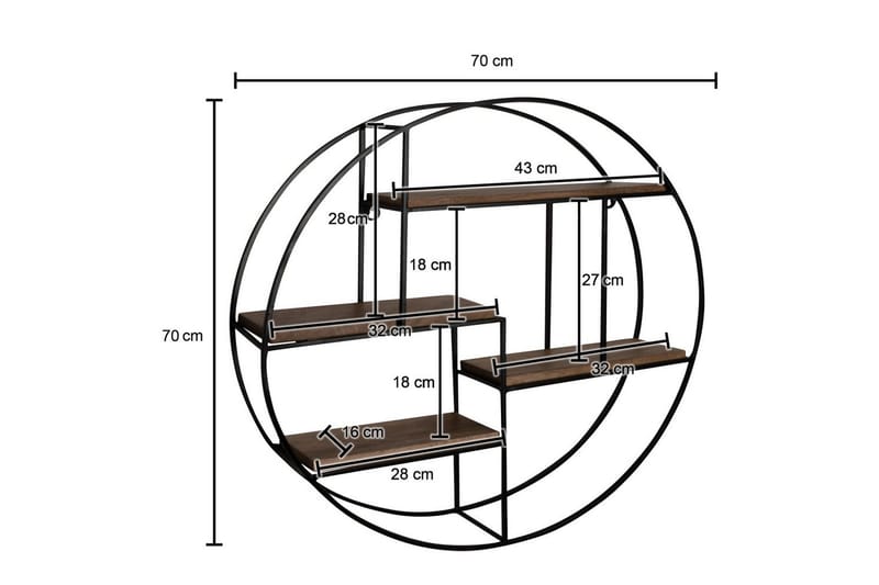 Vegghylle Wohnling Rundt heltre med metallramme veggmontert industrielt - Oppbevaring - Hyller - Vegghylle