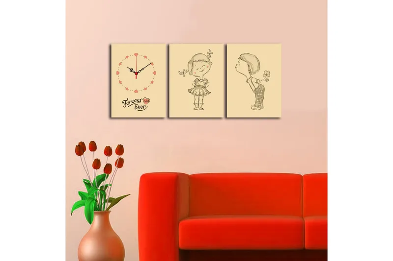 Dekorativ Canvasbilde med Klokke 3 Deler - Flerfarget - Innredning - Veggdekorasjon - Veggklokke