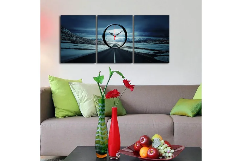 Dekorativ Canvasbilde med Klokke 3 Deler - Flerfarget - Innredning - Veggdekorasjon - Veggklokke