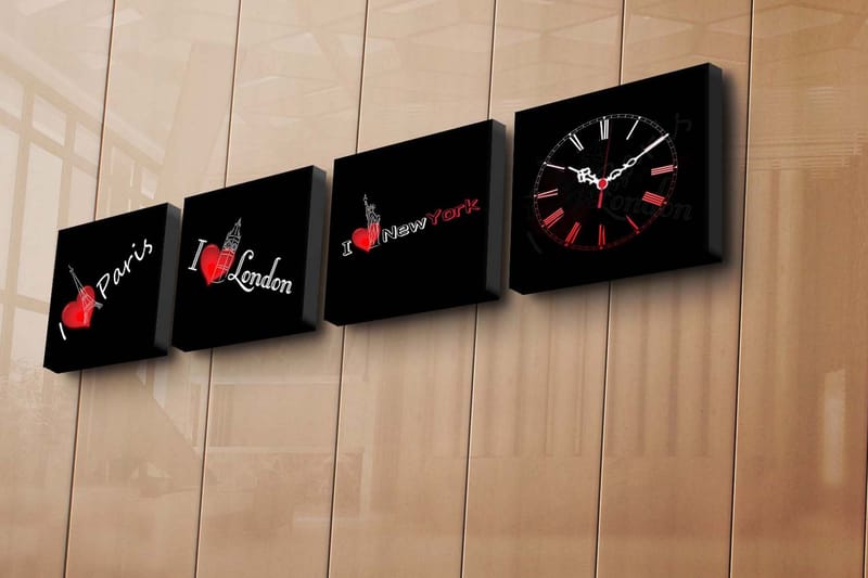 Dekorativ Canvasbilde med Klokke 4 Deler - Flerfarget - Innredning - Veggdekorasjon - Veggklokke